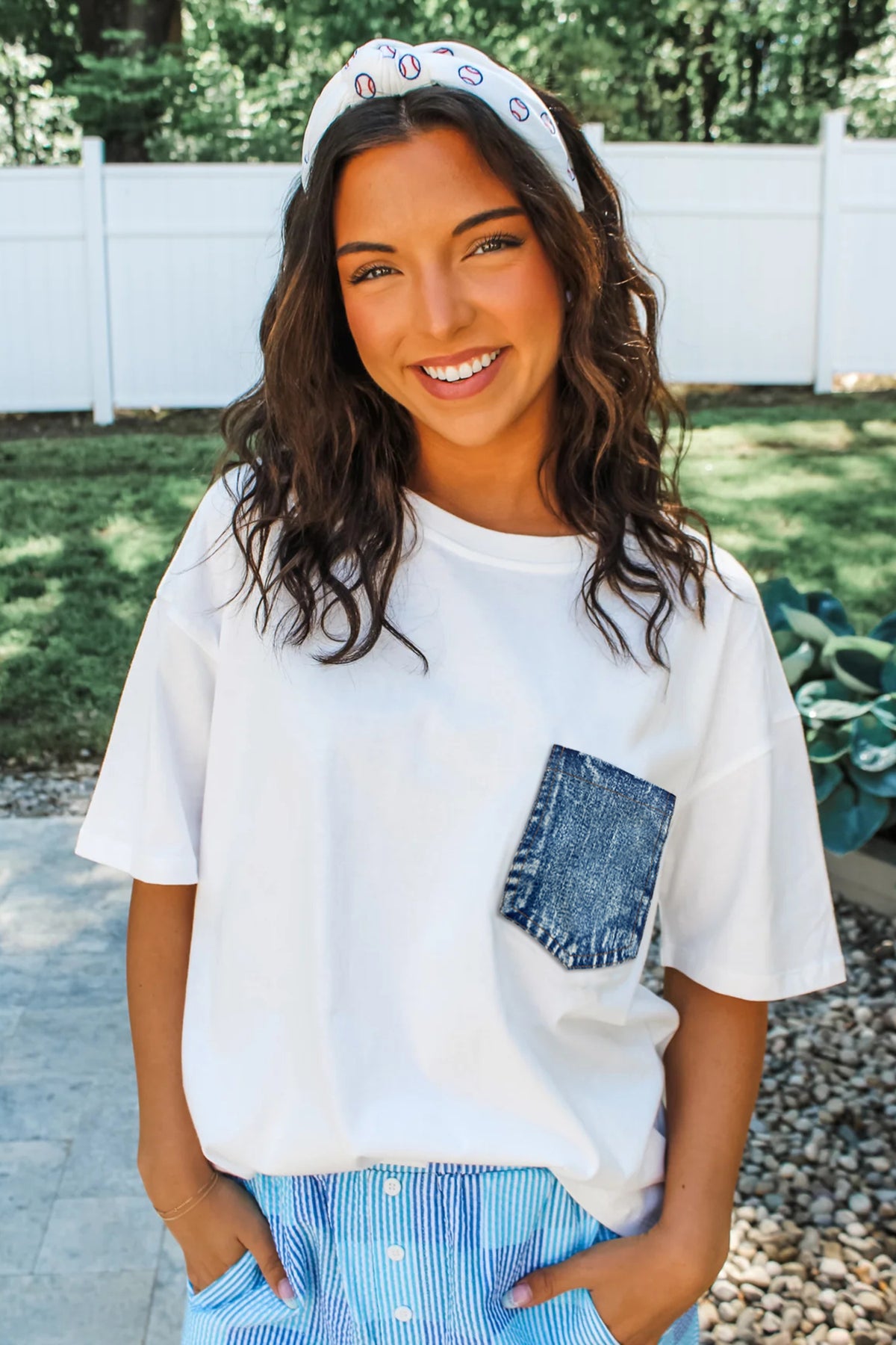 White Color Block Chest Pocket Patched Casual Short Sleeve Top