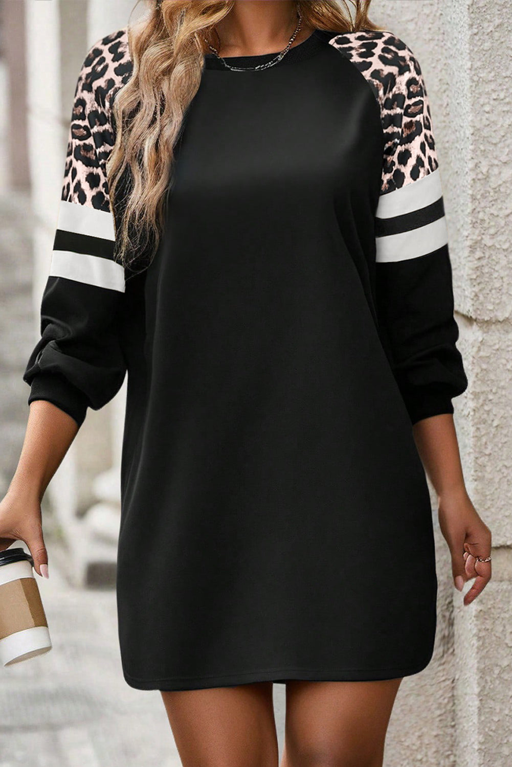 Black Leopard Print Patchwork Varsity Raglan Sleeve Sweatshirt Dress