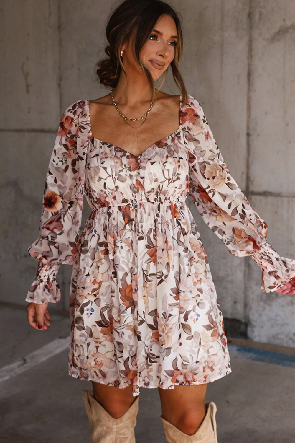 White Floral Print Sweetheart Neck Long Sleeve High Waist Mini Dress